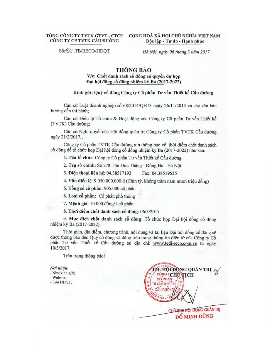 Chốt danh sách họp Đại hội cổ đông nhiệm kỳ Ba